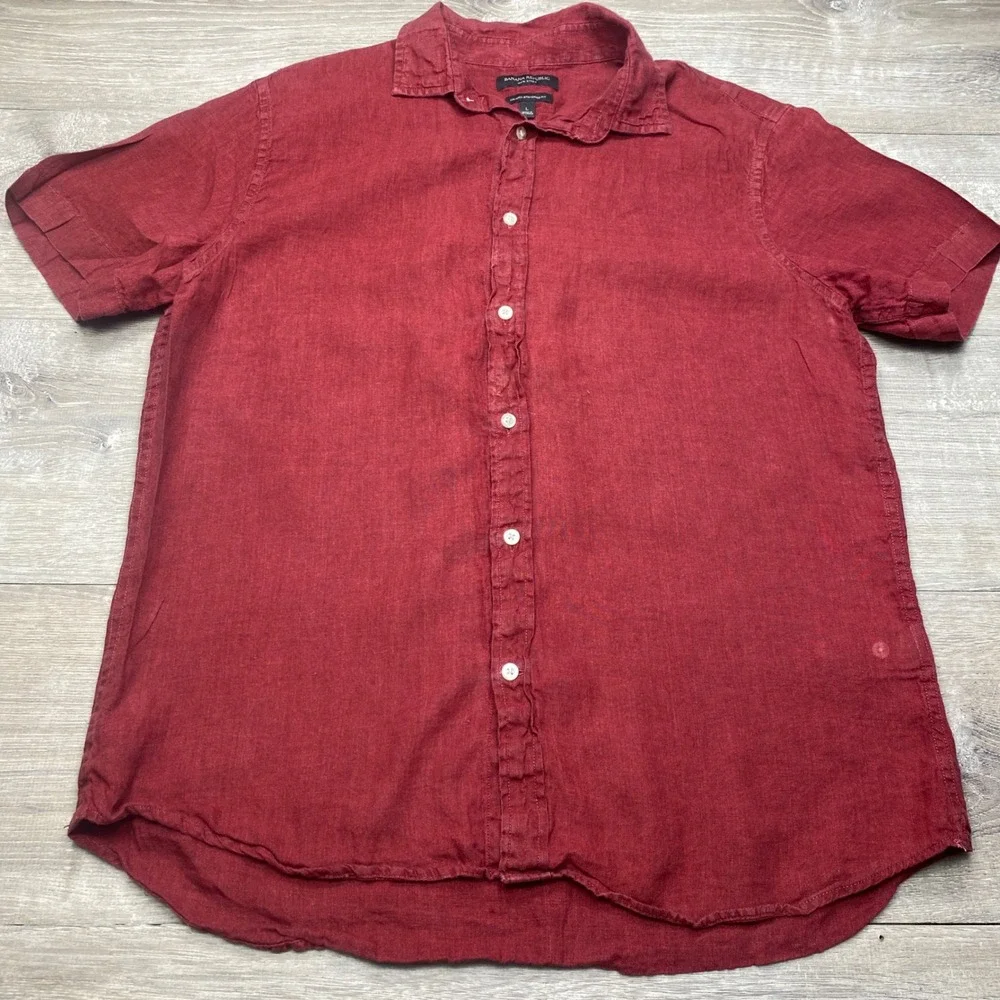 Banana Republic 100% Linen Shirt Mens L Red Short Sleeve Camden Standard Fit